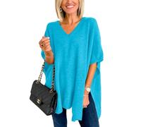 Melliflo Damen-Poncho mit V-Ausschnitt, einfarbig, leicht, Kaschmir-Schal, Wickelumhang, Pullover, Baggy Tops, Blau, X-Large