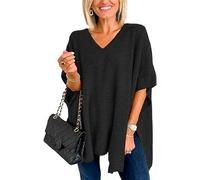 Melliflo Damen-Poncho mit V-Ausschnitt, einfarbig, leicht, Kaschmir-Schal, Wickelumhang, Pullover, Baggy Tops, Schwarz, X-Large