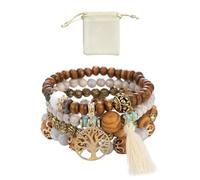 MEMOFYND 1 Stück Mehrschichtiges Holzperlenarmband Und 1 Stück Flanelltasche, Armband Für Damen Und Mädchen, Freundschaftsarmband, Perlenarmband, Böhmischer Damenschmuck, Stretch-Armband