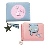 MEMOFYND 2 Stück Cartoon-Geldbörse, tragbares Aufbewahrungswerkzeug, Mini-Geldbörse, Geldbörse mit Mehreren Kartenfächern, Ledertasche mit Katzendruck, einfache Kurze Geldbörse