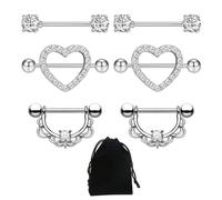 MEMOFYND 3 Paar Nippelringe mit 1 Samtbeutel, Spitze, herzförmig, Halo-Stein, Nippelpiercing-Schmuck, Piercing-Schmuck, Edelstahl-Nippelstab (Silber)