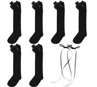 MEMOFYND 3 Paar Schwarze Strümpfe Und 2 Stück Schwarze Haarspangen, Süße Schleifenstrümpfe, Schulsocken, Einheitliche Mädchen-Kniestrümpfe, Geeignet Für 7-12-Jährige Mädchen