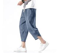 Men Hanfu Japanese Harajuku Wide-Leg Linen Pants Cotton Linen Cropped Trousers Plus Size 5XL Loose Summer Thin Pant Blue L