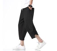 Men Hanfu Japanese Harajuku Wide-Leg Linen Pants Cotton Linen Cropped Trousers Plus Size 5XL Loose Summer Thin Pant Black L