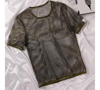 Men Mesh See Through T-Shirt Short Sleeve Fishnet Top(Army Green S)