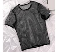 Men Mesh See Through T-Shirt Short Sleeve Fishnet Top(Black M)