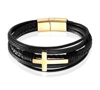 Mendes Schmuck Edelstahl und Echtes Leder Herren Armband mit großem Kreuz in Schwarz und Gold-19cm