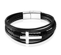 Mendes Schmuck Edelstahl und Echtes Leder Herren Armband mit großem Kreuz in Schwarz und Silber-23cm