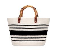 MengH-SHOP Handtasche Große Sommer Strandtasche Handgewebte Shopper Tasche mit Griff Frauen Henkeltasche für Damen Reisen und Urlaub, Weiß und Schwarz