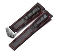 MENGKEG Uhrenarmband Aus Mattiertem Echtleder, Kompatibel Mit Tag Heuer Carrera Tauchen Monaco F1 Serie Atmungsaktive Uhrenkette 22 Mm Herrenarmband(Black red-silver)