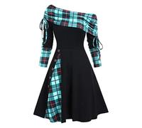 MENGQING Convertible Cinched Gestreiftes ausgestelltes Kleid Foldover Off The Shoulder Strickkleider Damen Langarm - Grün0501,S