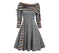 MENGQING Convertible Cinched Gestreiftes ausgestelltes Kleid Foldover Off The Shoulder Strickkleider Damen Langarm - Dunkelgrau0501,S