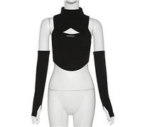 MENGQING Dark Cyber Y2k Tank-Top, Punk, Gothic, Rollkragen, sexy, bauchfreies Top mit Handschuhärmeln, Skinny Streetwear, Schwarz, Größe S, Schwarz