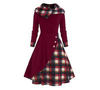 MENGQING Vintage-Kleid Damen Kapuze Plaid Mock Button Überlappung Midi Kleid Gothic Punk Langarm Casual Sexy Partykleid Harajuku-Deep Red,L