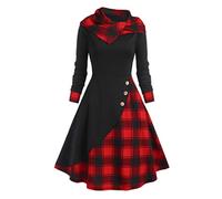 MENGQING Vintage Kleid Frauen Kapuze Plaid Mock Button Überlappung Midi Kleid Gothic Punk Langarm Casual Sexy Party Kleid Harajuku-Schwarz, M