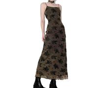 MENGQING Vintage Mall Gothic Aesthetic Blumendruck Midi Kleider Damen Retro Y2k Grunge Mesh Sommer Langes Kleid Slim Schwarz M, braun