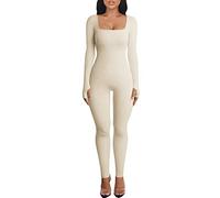 Menore Women's Yoga Jumpsuits Workout Ribbed Long Sleeve Soft Sports jumpsuits Square Neck Figure-Hugging One-Piece