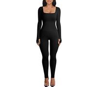 Menore Women's Yoga Jumpsuits Workout Ribbed Long Sleeve Soft Sports jumpsuits Square Neck Figure-Hugging One-Piece