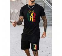 Men's 2-Piece Set, One Love Reggae Color Block Graphic, Combed Cotton Tee & Shorts, Unisex Drop Shoulder Fit, Breathable Summer Casual Outfit, Daily V