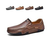 Men's Classic Business Leather Hand Stitched Flat Loafers, Outdoor Comfortable Non-Slip Lightweight Casual Shoes, Lightweight Soft Work Shoes Non-Slip Comfortable (Red Brown,47)