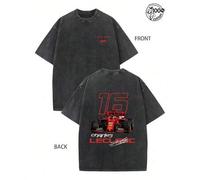 Men's Printed 100% Cotton Vintage Washed Crew Neck T-Shirt, Charles #16 Scuderia F1 Team Theme Front & Back Graphic Print with Monegasque Flag, Race