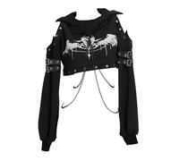 MEOWCOS.COM MEOWCOS Hoodies für Damen, Gothic-Crop-Top, Punk-Kleidung, langärmelig, Ketten-Sweatshirt, Hoodies, Schwarz, Small