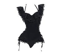 Meowcos Damen-Badeanzug, einteilig, Retro, viktorianischer Stil, Gothic-Stil, Neckholder-Badeanzug, Schwarz, XL