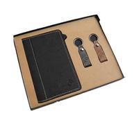 Mercedes-Benz Original Pack Welcome Pack Portadocumentos tamaño A5 Negro pespunteado en piel Bicolor en tonos Mostaza. Incluye estuche de Color Crema y DOS llaveros estribo de Color Negro y marrón