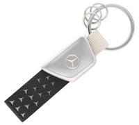 Mercedes-Benz Schlüsselanhänger, Logo, Unisex, Schwarz/Silberfarben, Veganes Apfelleder/Edelstahl/Nylon, Mercedes Stern Design, mit 3 Mini-Spaltringen und Hauptring
