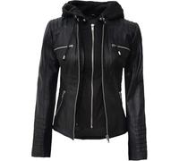MERCH ATTIRE Damen-Bomberjacke aus Leder mit Kapuze, stilvolle Echtleder-Oberbekleidung, Retro-Passform für Herbst und Winter, Schwarz - Echtleder, L