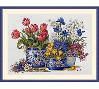 Merejka Kreuzstich Set Frühlingsgarten in Blau, Zählmuster, 37x26cm