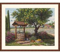 Merejka Kreuzstich-Set nach Zählmuster - Unter dem Zitronenbaum, toskanische Brunnen und Zypressenlandschaft, Zweigart 16-fädiger Aida, 37 DMC-Farben, John James Nadel, 39,1 x 30 cm