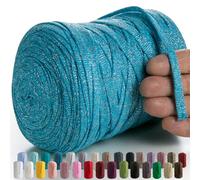 MeriWoolArt® Makramee Textilgarn zum Häkeln und Stricken - DIY glitzern flache T-Shirt Band Garn Dicke 10 mm, 125 m - Recyceltes Baumwollgarn mit Lurex, Viscose (Lurex Türkis)