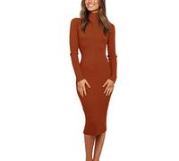 MEROKEETY Damen 2024 Geripptes Langarm-Pulloverkleid mit hohem Halsausschnitt, schmale Passform, gestricktes Midikleid, Caramel, Mittel