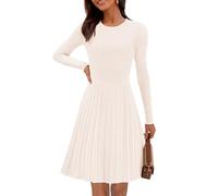 MEROKEETY Damen 2025 Langarm-Mini-Pulloverkleid, Rundhalsausschnitt, gerippt, A-Linie, plissiert, schwingend, Kurze Kleider, Beige, Mittel