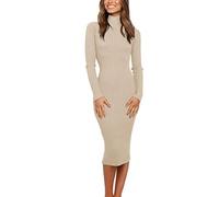 MEROKEETY Damen Geripptes Langarm-Pulloverkleid mit hohem Halsausschnitt, schmale Passform, gestricktes Midikleid, Khaki, Groß