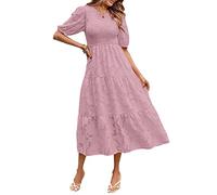 MEROKEETY Damen-Sommerkleid mit Puffärmeln und gesmoktem Blumenmuster, Rundhalsausschnitt, Spitze, fließend, gestuft, Midi-Kleider, Violett, Groß