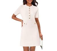 MEROKEETY, Damen Strickkleid, Bodycon, Pulloverkleid mit Knöpfen, Kurzarm, Rundhals, Elegantes Mini-Kleid für formelle Anlässe, Elfenbein, Klein