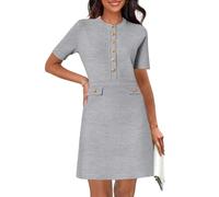 MEROKEETY, Damen Strickkleid, Bodycon, Pulloverkleid mit Knöpfen, Kurzarm, Rundhals, Elegantes Mini-Kleid für formelle Anlässe, Lightgrey, Groß