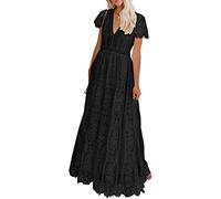MEROKEETY Damen V Ausschnitt Kurzarm Floral Spitze Hochzeitskleid Brautjungfer Cocktail Party Maxikleid, schwarz, X-Groß