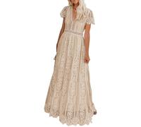 MEROKEETY Damen V Ausschnitt Kurzarm Floral Spitze Hochzeitskleid Brautjungfer Cocktail Party Maxikleid, Aprikose, Groß