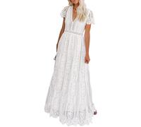 MEROKEETY Damen V Ausschnitt Kurzarm Floral Spitze Hochzeitskleid Brautjungfer Cocktail Party Maxikleid, Weiß, Mittel