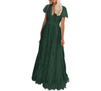 MEROKEETY Damenkleid mit V-Ausschnitt, kurzärmelig, Blumenspitze, Hochzeitskleid, Brautjungfer, Cocktailparty, Maxikleid, Dunkelgrün, X-Groß