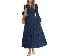 MEROKEETY Herbstkleider für Damen 2025, langärmelig, lässig, V-Ausschnitt, gestufte Baumwolle, Midi-Maxikleid, Taschen, Marineblau, Groß