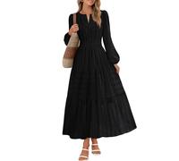 MEROKEETY Herbstkleider für Damen 2025, Winter, langärmelig, lässig, V-Ausschnitt, gestufte Baumwolle, Midi-Maxikleid, Taschen, Schwarz, Mittel
