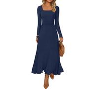 MEROKEETY Langärmeliges Pulloverkleid für Damen, quadratischer Ausschnitt, plissiert, fließend, A-Linie, Strick, Maxikleider für Hochzeitsgäste, Marineblau, X-Groß