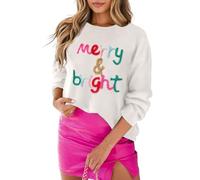 Merry Christmas Sweatshirts für Damen, Aufschrift "Merry and Bright Christmas", Chenille-Patch, Buchstabenaufdruck, Weihnachtspullover, weiß, M