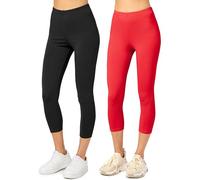 Merry Style 2er Pack Damen Leggings 3/4 aus Baumwolle mit Stretch - Leichte Capri Leggings Damen aus atmungsaktiver, elastischer Baumwolle, ideal für Yoga Sport MS10-199 (Schwarz/Rot, S)