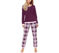 Merry Style Damen Lang Zweiteiliger Schlafanzug aus Baumwolle Pyjama Set Winter MS10-168 (Wein Kariert, XL)