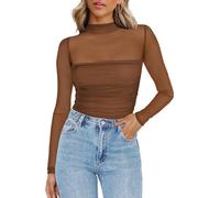 Mesh Long Sleeve Tops for Women Mock Turtle Neck See Though Shirts Ruched Sexy Casual Going Out Blouses
